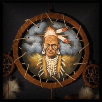 Traumfänger, Dreamcatcher Indianer mit 2 Federn Painting 17x50cm (DC125-4)