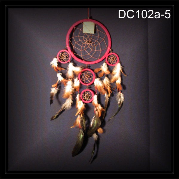 Traumfänger Indianer Dreamcatcher Wildleder rot 5 Ringe (DC102a-5)